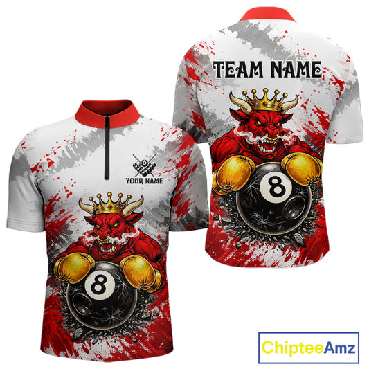 Red And White Grunge Bull 8 Ball Billiard Shirt For Men Custom Pool Team Jersey Polo & 1/4 Zip TDM5647