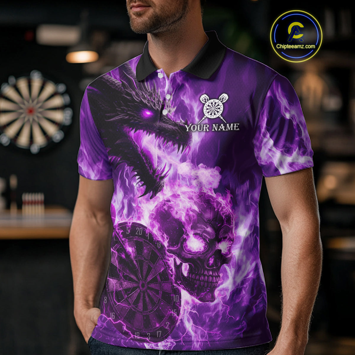 Personalized Purple Flaming Dragon And Skull Darts Shirt For Men Custom 3D Fire Darts Team Jersey TDM4959
