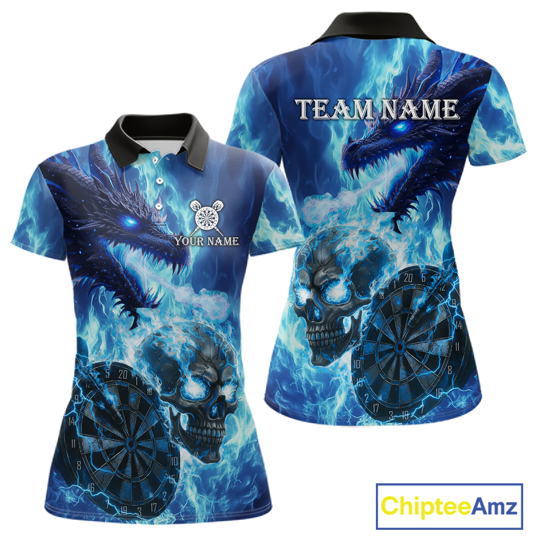 Personalized Blue Flaming Dragon And Skull Darts Shirt For Women Custom 3D Fire Darts Team Jersey TDM4960