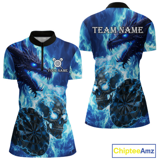 Personalized Blue Flaming Dragon And Skull Darts Shirt For Women Custom 3D Fire Darts Team Jersey TDM4960