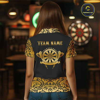 Black And Gold Custom Tribal Darts Shirt For Women, Personalized Darts Jersey Team Polo & Quarter Zip TDM5392