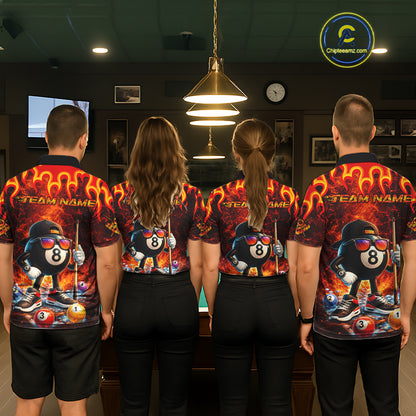Funny 8 Ball Pool Flaming Billiard Shirt For Men Custom Billiard Team Jersey Polo & 1/4 Zip TDM5900
