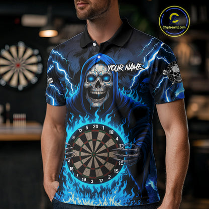 Blue Grim Reaper Thunder Lightning Mens Dart Shirts Custom Flame Dart Jerseys Team Polo & 1/4 Zip TDM5174