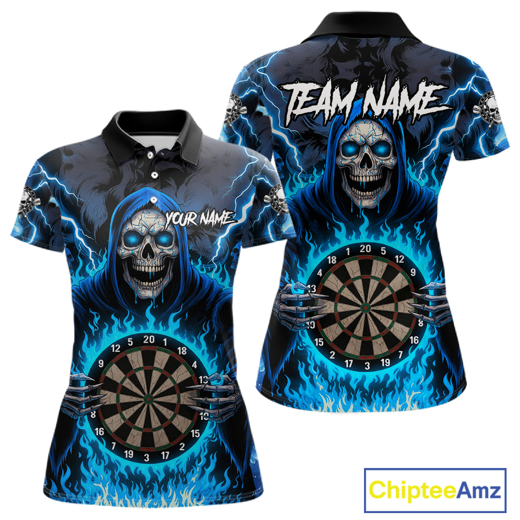Blue Grim Reaper Thunder Lightning Womens Dart Shirts Custom Flame Dart Jerseys Team Polo & 1/4 Zip TDM5174
