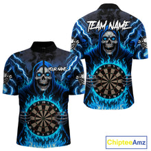 Load image into Gallery viewer, Blue Grim Reaper Thunder Lightning Mens Dart Shirts Custom Flame Dart Jerseys Team Polo &amp; 1/4 Zip TDM5174