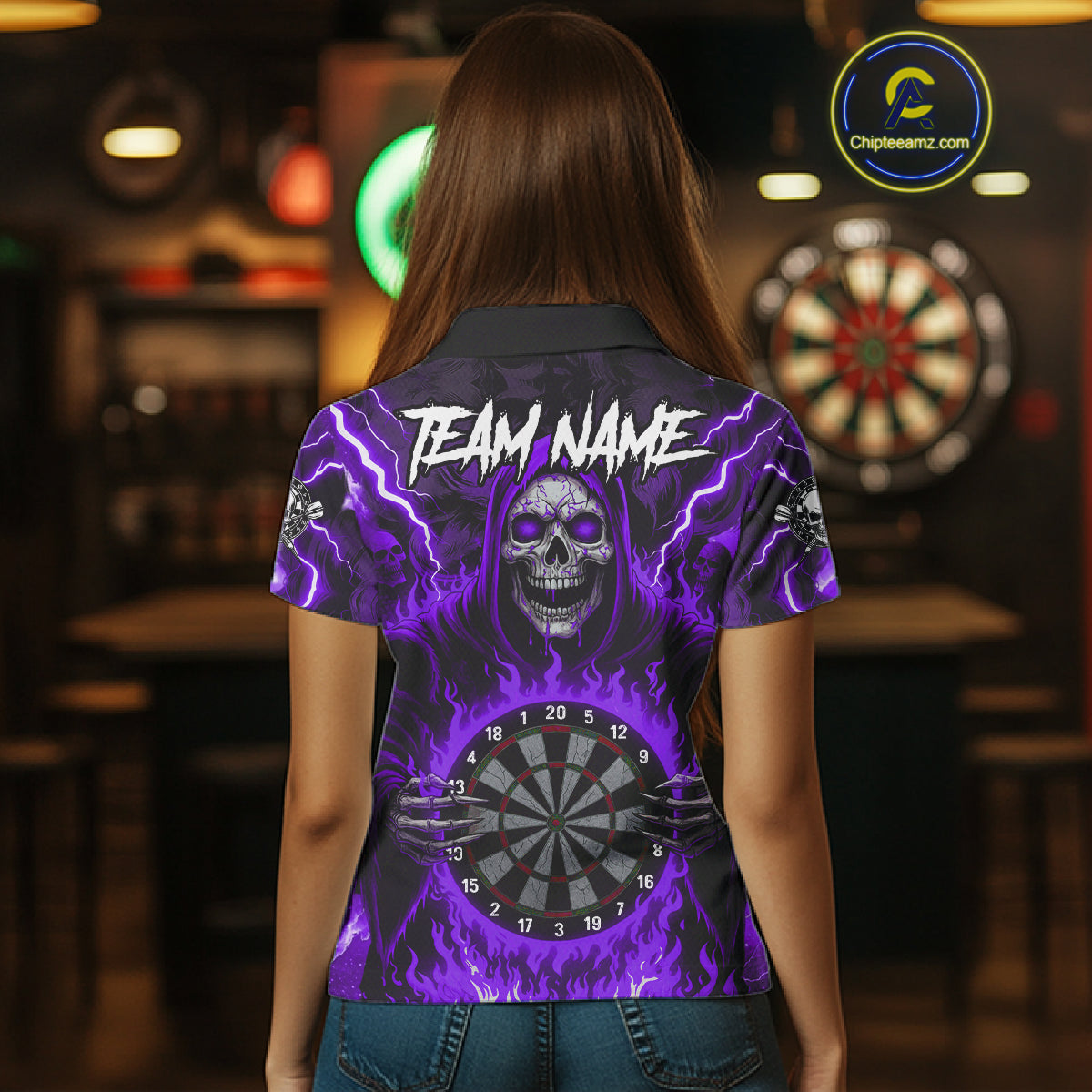 Purple Grim Reaper Thunder Lightning Women Dart Shirts Custom Flame Dart Jerseys Team Polo & 1/4 Zip TDM5176
