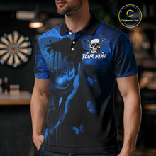 Load image into Gallery viewer, Black And Blue Grunge Skull Butterflies Darts Shirt For Men Custom Dart Jersey Team Polo &amp; 1/4 Zip TDM4993