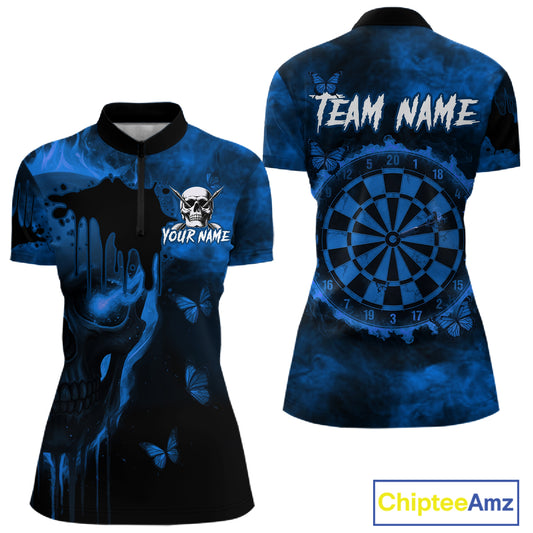 Black And Blue Grunge Skull Butterflies Darts Shirt For Women Custom Dart Jersey Team Polo & 1/4 Zip TDM4993