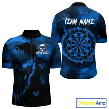 Load image into Gallery viewer, Black And Blue Grunge Skull Butterflies Darts Shirt For Men Custom Dart Jersey Team Polo &amp; 1/4 Zip TDM4993