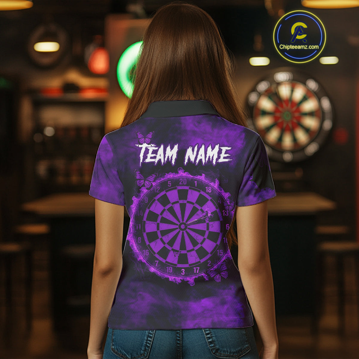 Black And Purple Grunge Skull Butterflies Darts Shirt For Women Custom Dart Jersey Polo & 1/4 Zip TDM4994