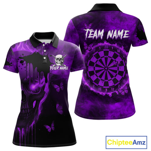 Black And Purple Grunge Skull Butterflies Darts Shirt For Women Custom Dart Jersey Polo & 1/4 Zip TDM4994