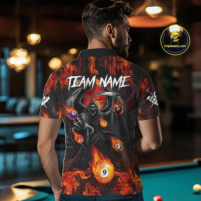 Orange Flaming Grim Reaper Billiard Shirt For Men Custom Fire Pool Team Jersey Polo & Quarter Zip TDM6077
