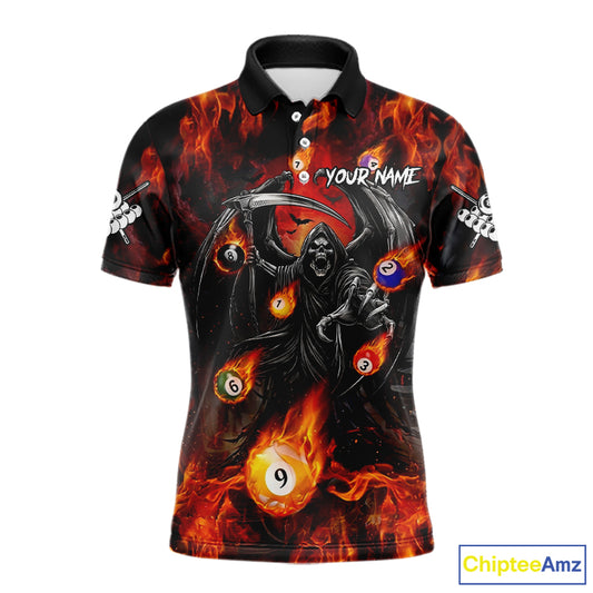 Orange Flaming Grim Reaper Billiard Shirt For Men Custom Fire Pool Team Jersey Polo & Quarter Zip TDM6077