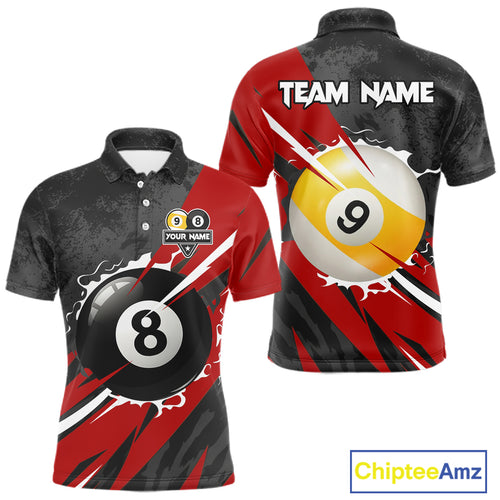 Black And Red 8 Ball & 9 Ball Billiard Shirt For Men Custom Pool Jersey, Billiard Team Shirts TDM5019