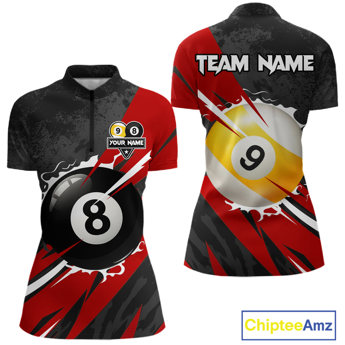 Black And Red 8 Ball & 9 Ball Billiard Shirt For Women Custom Pool Jersey, Billiard Team Shirts TDM5019