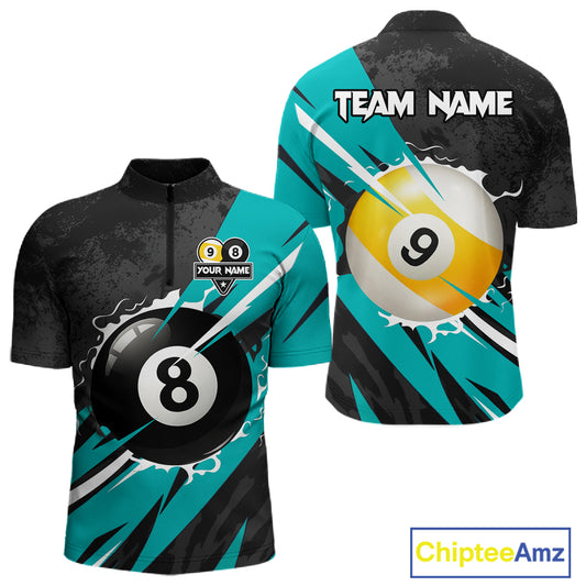 Black And Turquoise 8 Ball & 9 Ball Billiard Shirt For Men Custom Pool Jersey, Billiard Team Shirt TDM5021