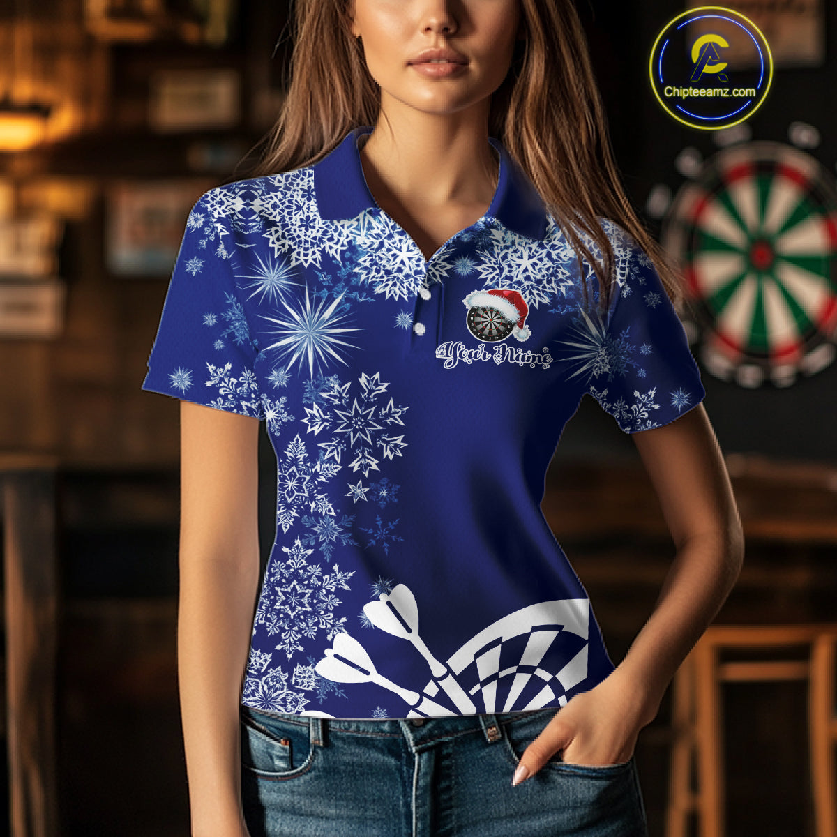 Blue Christmas Snowflake Pattern Darts Shirt For Women Custom Dart Jersey, Xmas Darts Gifts TDM5224