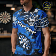 Load image into Gallery viewer, Personalized Blue Grunge Skull Darts Shirt For Men Custom Darts Team Jersey Polo &amp; Quarter Zip TDM5029