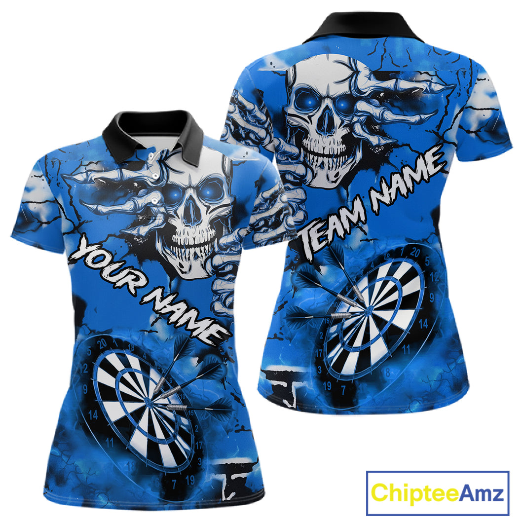 Personalized Blue Grunge Skull Darts Shirt For Women Custom Darts Team Jersey Polo & Quarter Zip TDM5029