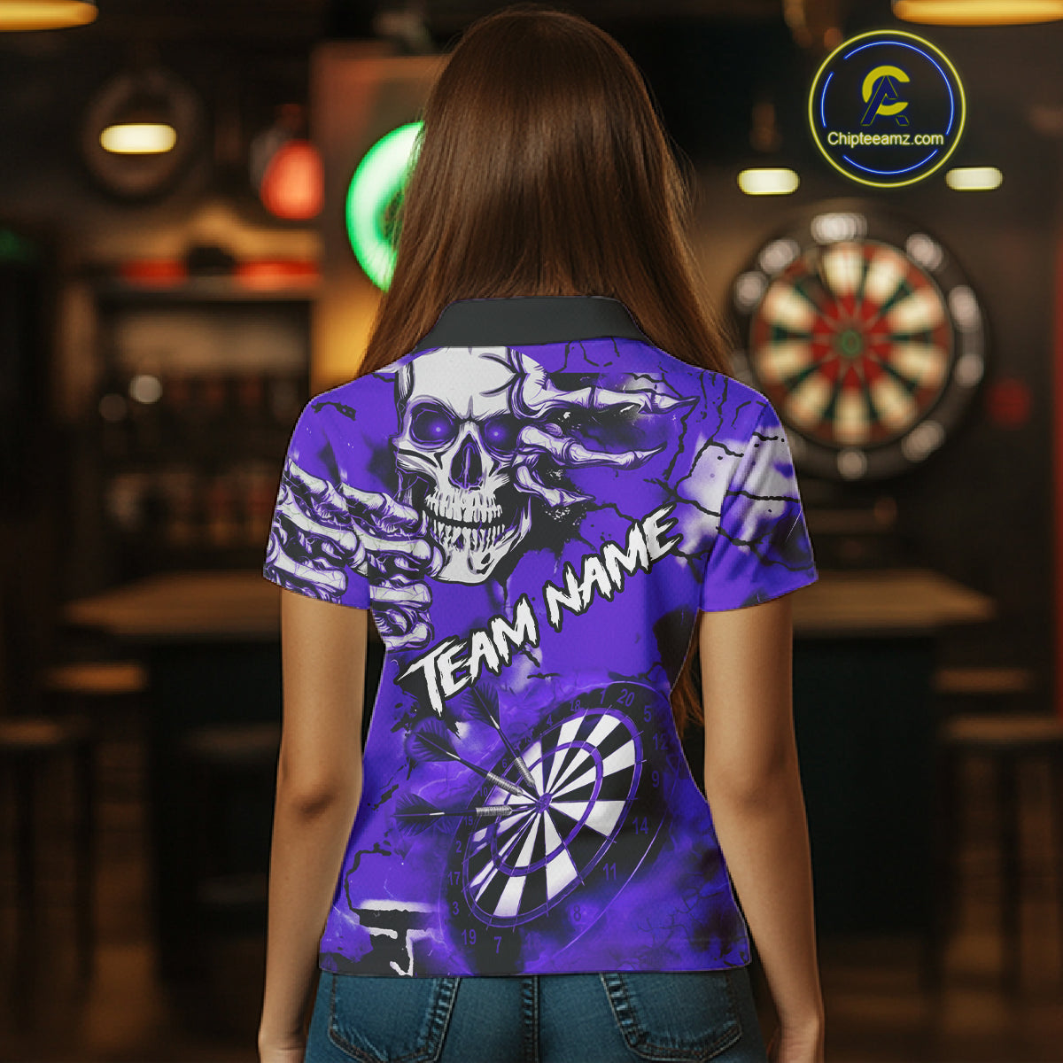 Personalized Purple Grunge Skull Darts Shirt For Women Custom Darts Team Jersey Polo & Quarter Zip TDM5030