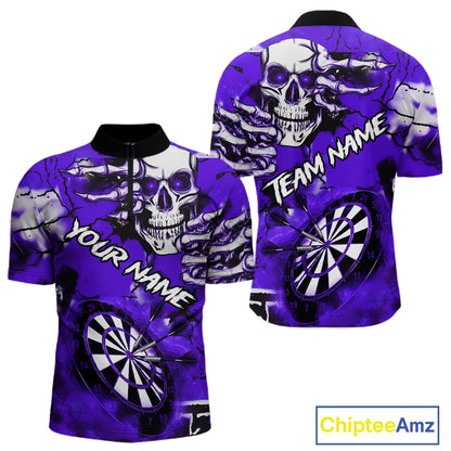 Personalized Purple Grunge Skull Darts Shirt For Men Custom Darts Team Jersey Polo & Quarter Zip TDM5030