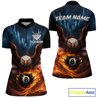 American Flag Eagle 8 Ball Flame Billiard Shirt For Women Custom Patriotic Pool Jersey Polo, 1/4 Zip TDM5754