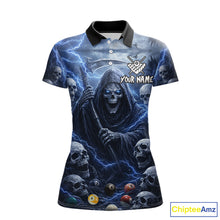 Load image into Gallery viewer, Blue Grim Reaper Lightning Billiard Shirt For Women Custom Skull Pool Team Jersey Polo &amp; 1/4 Zip TDM5963