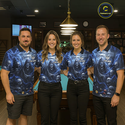 Blue Grim Reaper Lightning Billiard Shirt For Women Custom Skull Pool Team Jersey Polo & 1/4 Zip TDM5963
