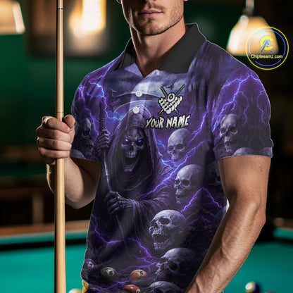 Purple Grim Reaper Lightning Billiard Shirt For Men Custom Skull Pool Team Jersey Polo & 1/4 Zip TDM5964