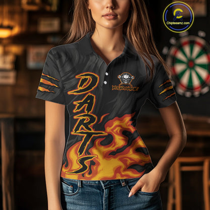 Black And Orange Custom Fire Flame Skull Darts Shirt For Women, Darts Jersey Team Polo & 1/4 Zip TDM5057