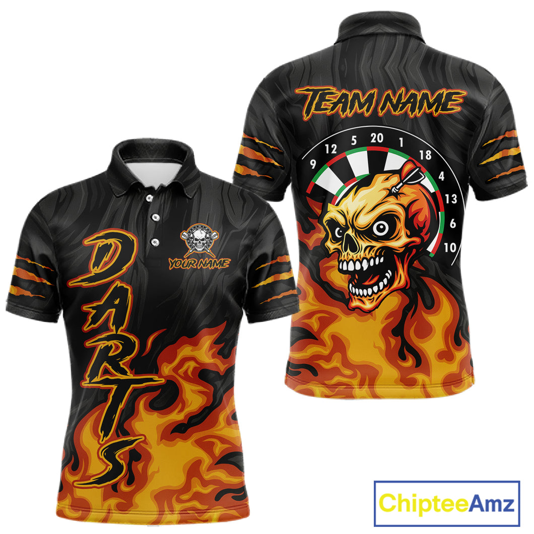 Black And Orange Custom Fire Flame Skull Darts Shirt For Men, Darts Jersey Team Polo & 1/4 Zip TDM5057