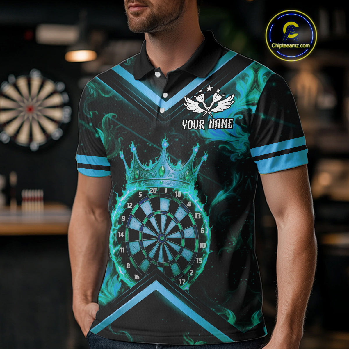 Black And Turquoise Dartboard Crown Darts Shirt For Men Custom Dart Jerseys Team Polo & 1/4 Zip TDM5280