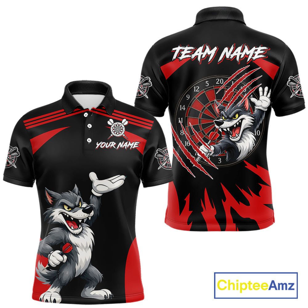 Black And Red Funny Wolf Darts Shirt For Men Custom Darts Jersey, Darts Outift Polo & 1/4 Zip TDM6142