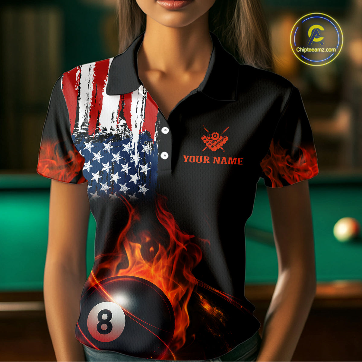 Orange Flaming American Flag 8 Ball Billiard Shirt For Women Custom Patriotic Pool Team Jersey TDM4841