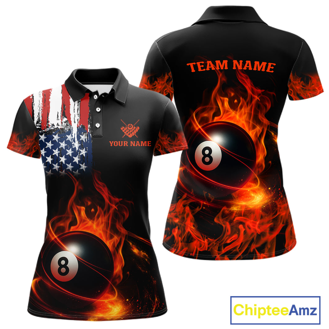 Orange Flaming American Flag 8 Ball Billiard Shirt For Women Custom Patriotic Pool Team Jersey TDM4841