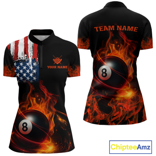 Orange Flaming American Flag 8 Ball Billiard Shirt For Women Custom Patriotic Pool Team Jersey TDM4841