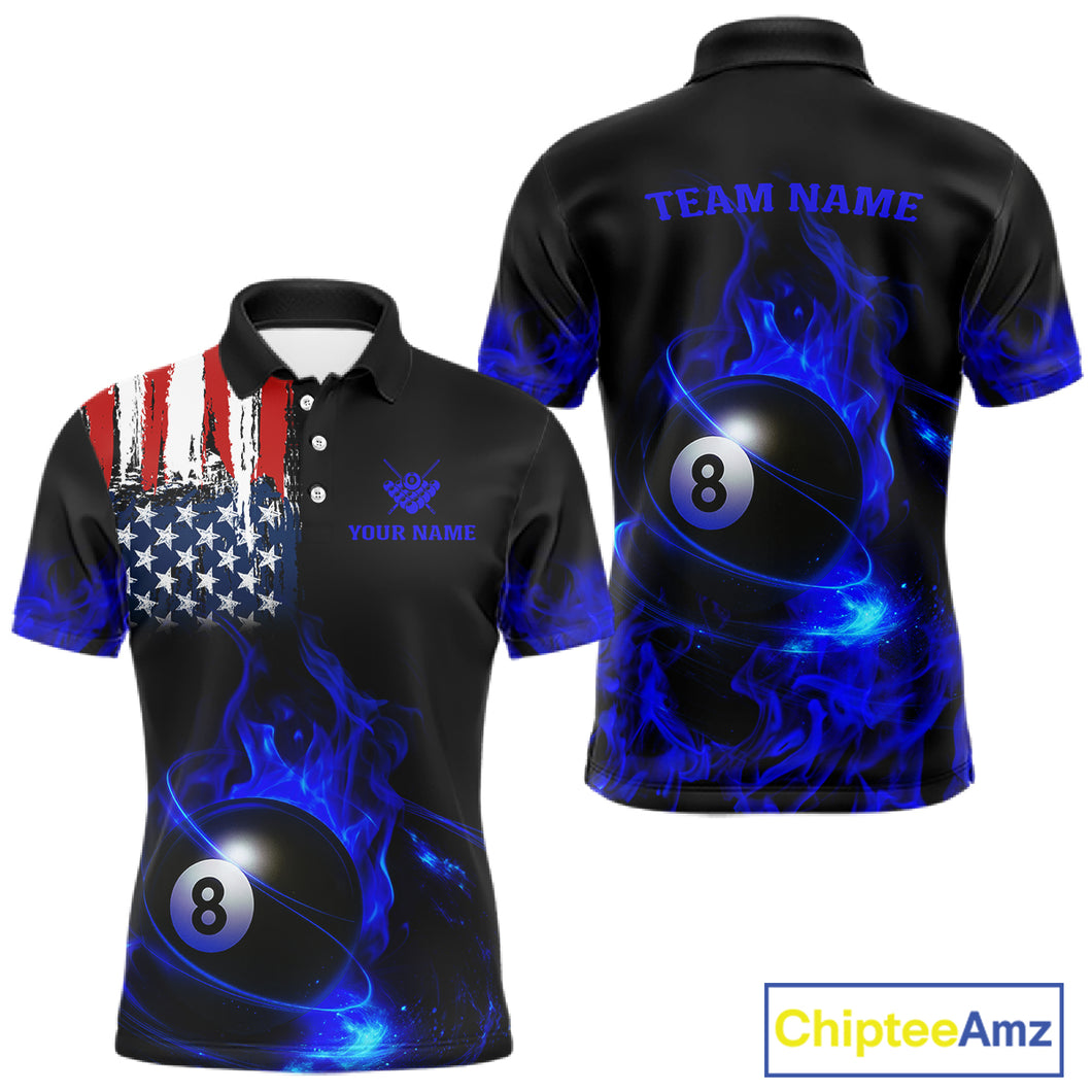 Blue Flaming American Flag 8 Ball Billiard Shirt For Men Custom Patriotic Pool Team Jersey TDM4842