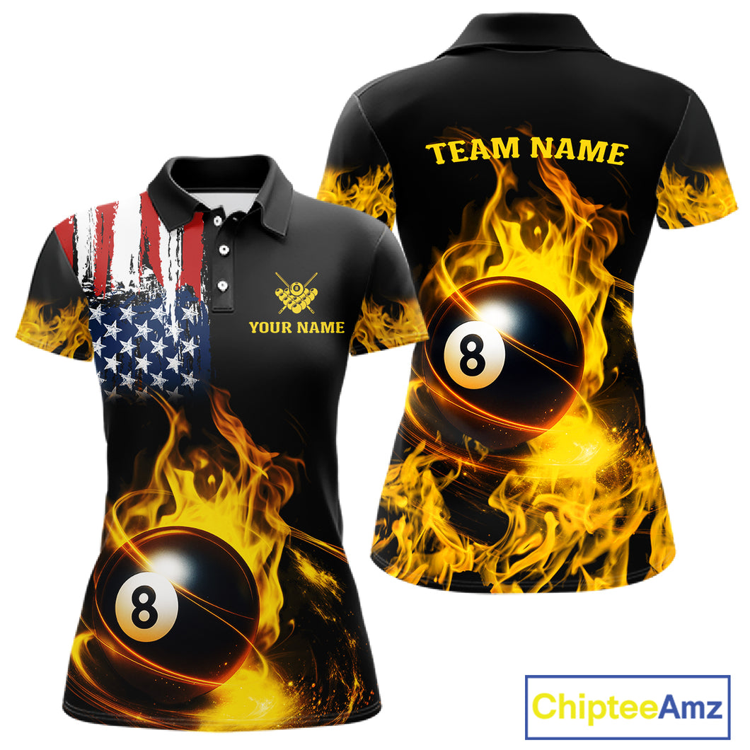 Yellow Flaming American Flag 8 Ball Billiard Shirt For Women Custom Patriotic Pool Team Jersey TDM4843