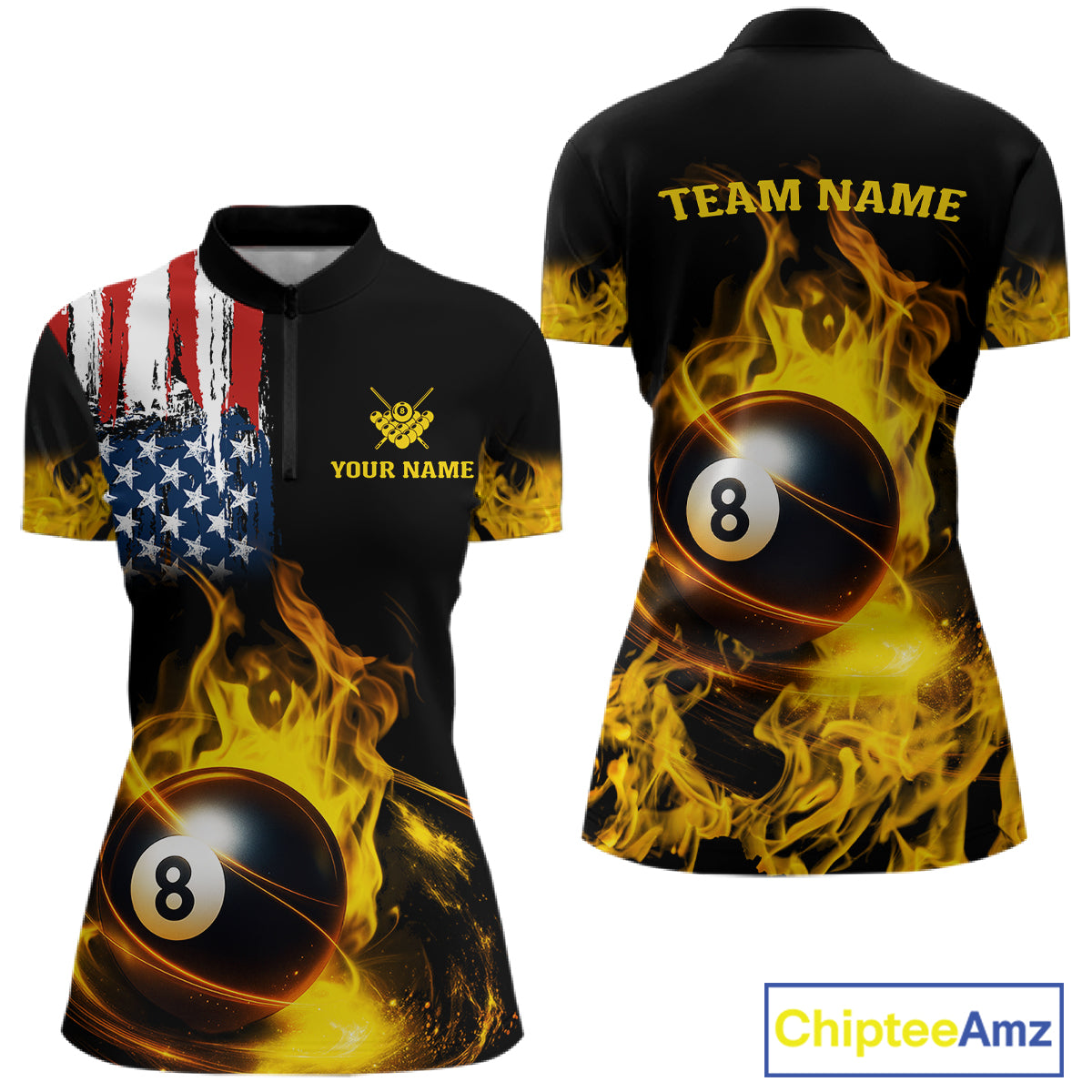 Yellow Flaming American Flag 8 Ball Billiard Shirt For Women Custom Patriotic Pool Team Jersey TDM4843