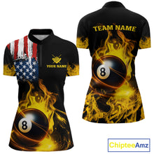 Load image into Gallery viewer, Yellow Flaming American Flag 8 Ball Billiard Shirt For Women Custom Patriotic Pool Team Jersey TDM4843