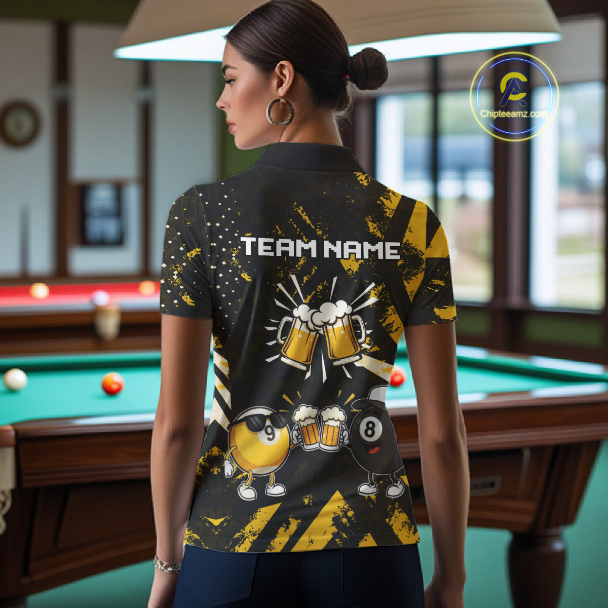 Yellow Black Funny Beer Billiard Shirt For Women Custom 8 Ball & 9 Ball Pool Jersey Polo & 1/4 Zip TDM5288