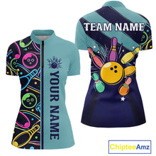 Load image into Gallery viewer, Personalized Funny Neon Bowing Shirt For Women, Retro Bowling Team Jersey Polo &amp; 1/4 Zip | Teal TDM6187
