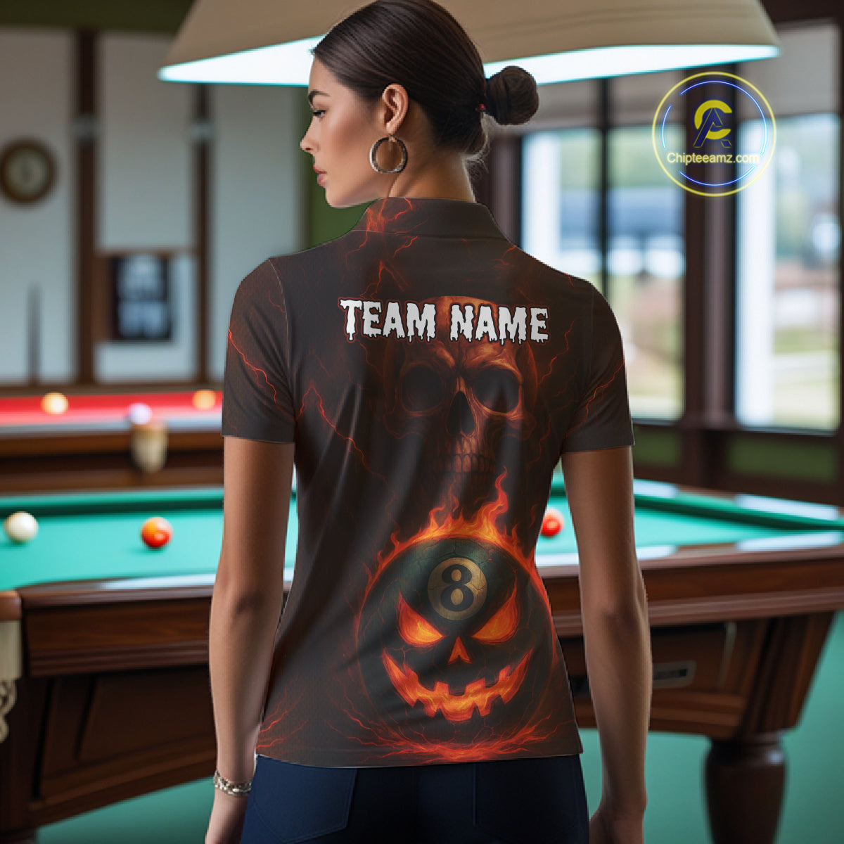 Funny Pumpkin 8 Ball Pool Billiard Shirt For Women Custom Halloween Billiard Team Shirt Outfit TDM4889