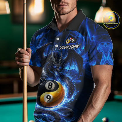 Blue 8 Ball & 9 Ball Fire Yin And Yang Dragon Billiard Shirt For Men Custom Pool Team Jersey TDM5841