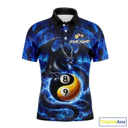 Blue 8 Ball & 9 Ball Fire Yin And Yang Dragon Billiard Shirt For Men Custom Pool Team Jersey TDM5841