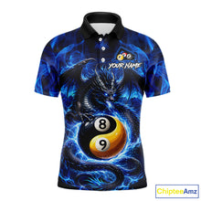 Load image into Gallery viewer, Blue 8 Ball &amp; 9 Ball Fire Yin And Yang Dragon Billiard Shirt For Men Custom Pool Team Jersey TDM5841