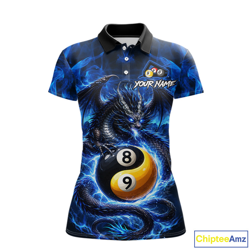 Blue 8 Ball & 9 Ball Fire Yin And Yang Dragon Billiard Shirt For Women Custom Pool Team Jersey TDM5841
