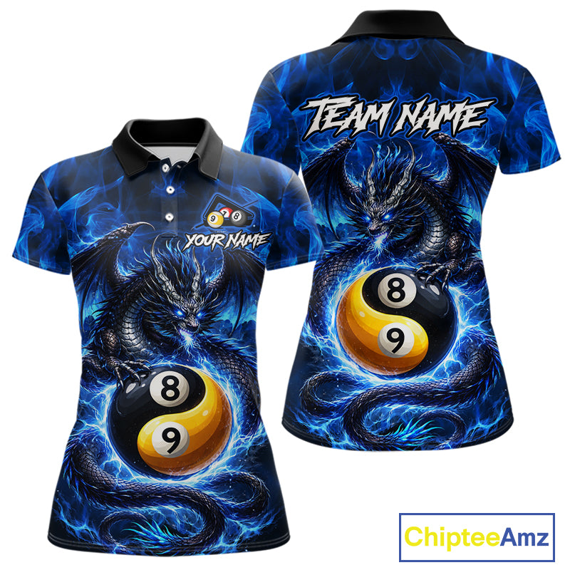 Blue 8 Ball & 9 Ball Fire Yin And Yang Dragon Billiard Shirt For Women Custom Pool Team Jersey TDM5841