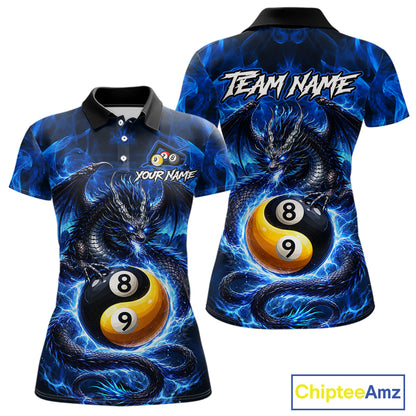 Blue 8 Ball & 9 Ball Fire Yin And Yang Dragon Billiard Shirt For Women Custom Pool Team Jersey TDM5841