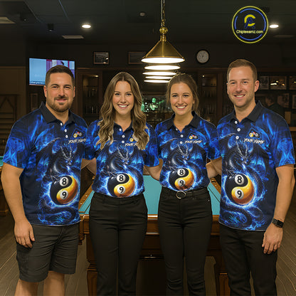 Blue 8 Ball & 9 Ball Fire Yin And Yang Dragon Billiard Shirt For Women Custom Pool Team Jersey TDM5841